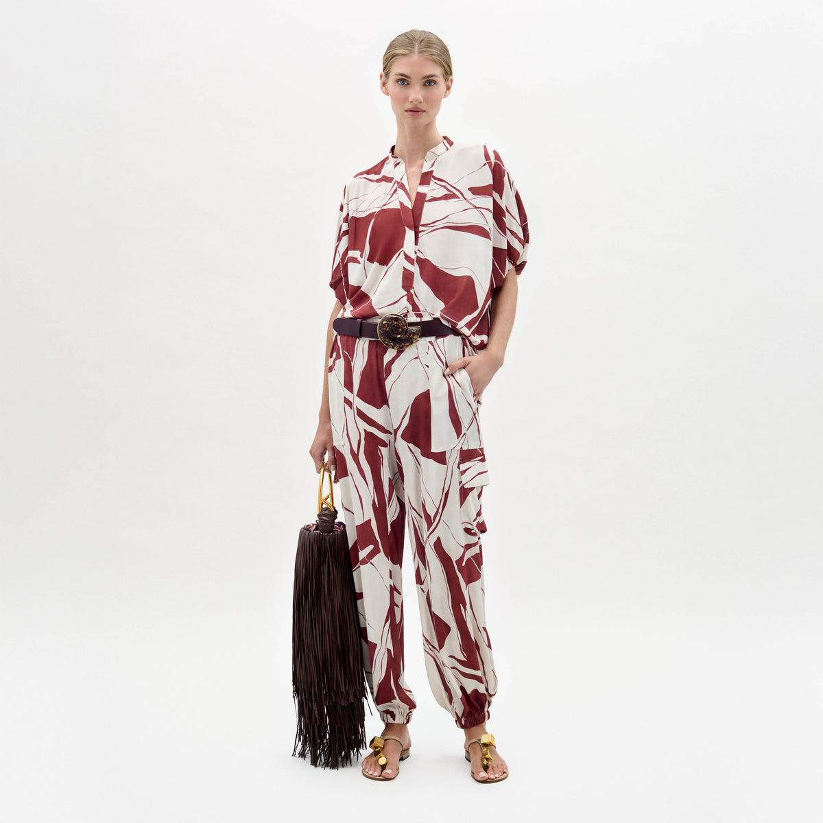 Drawstring Print Wide-Leg Pants