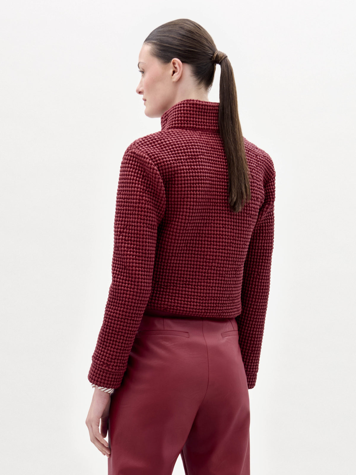 Burgundy Textured Stand-Collar Cropped Jacket