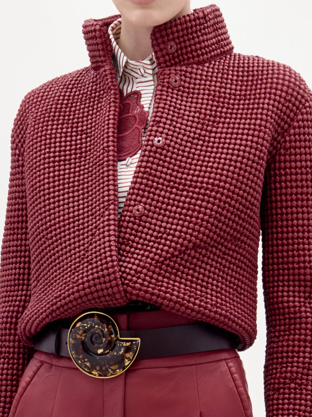 Burgundy Textured Stand-Collar Cropped Jacket