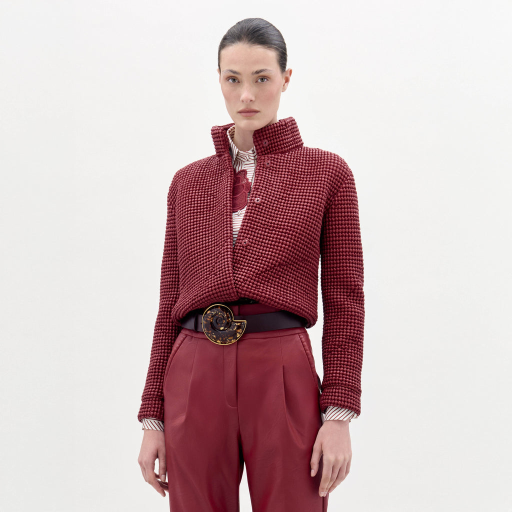 Burgundy Textured Stand-Collar Cropped Jacket