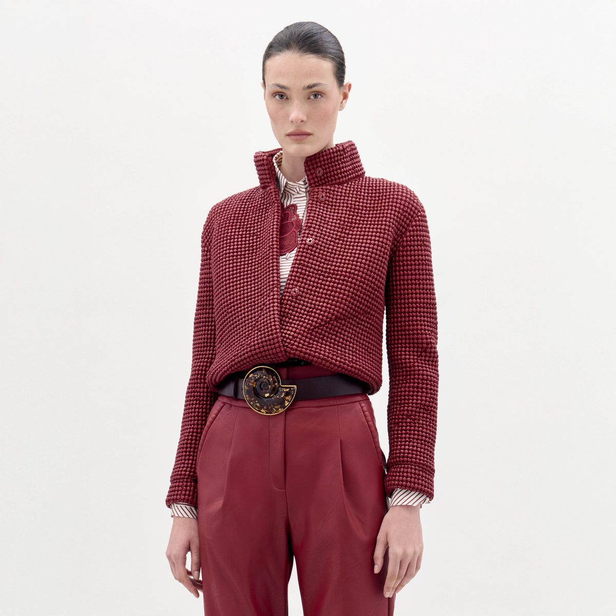 Burgundy Textured Stand-Collar Cropped Jacket