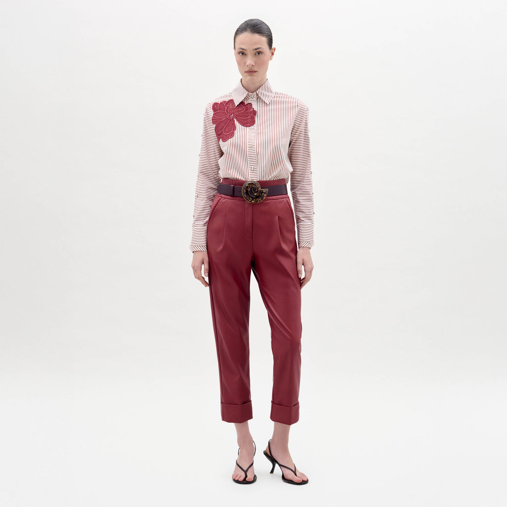 Flower Decor Stripe Shirt Wide-Leg Pants Set