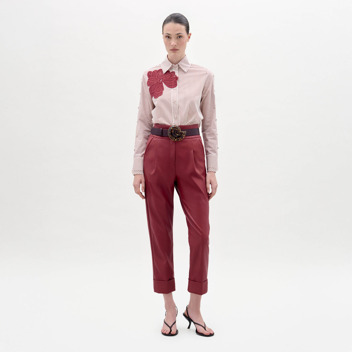 Flower Decor Stripe Shirt Wide-Leg Pants Set
