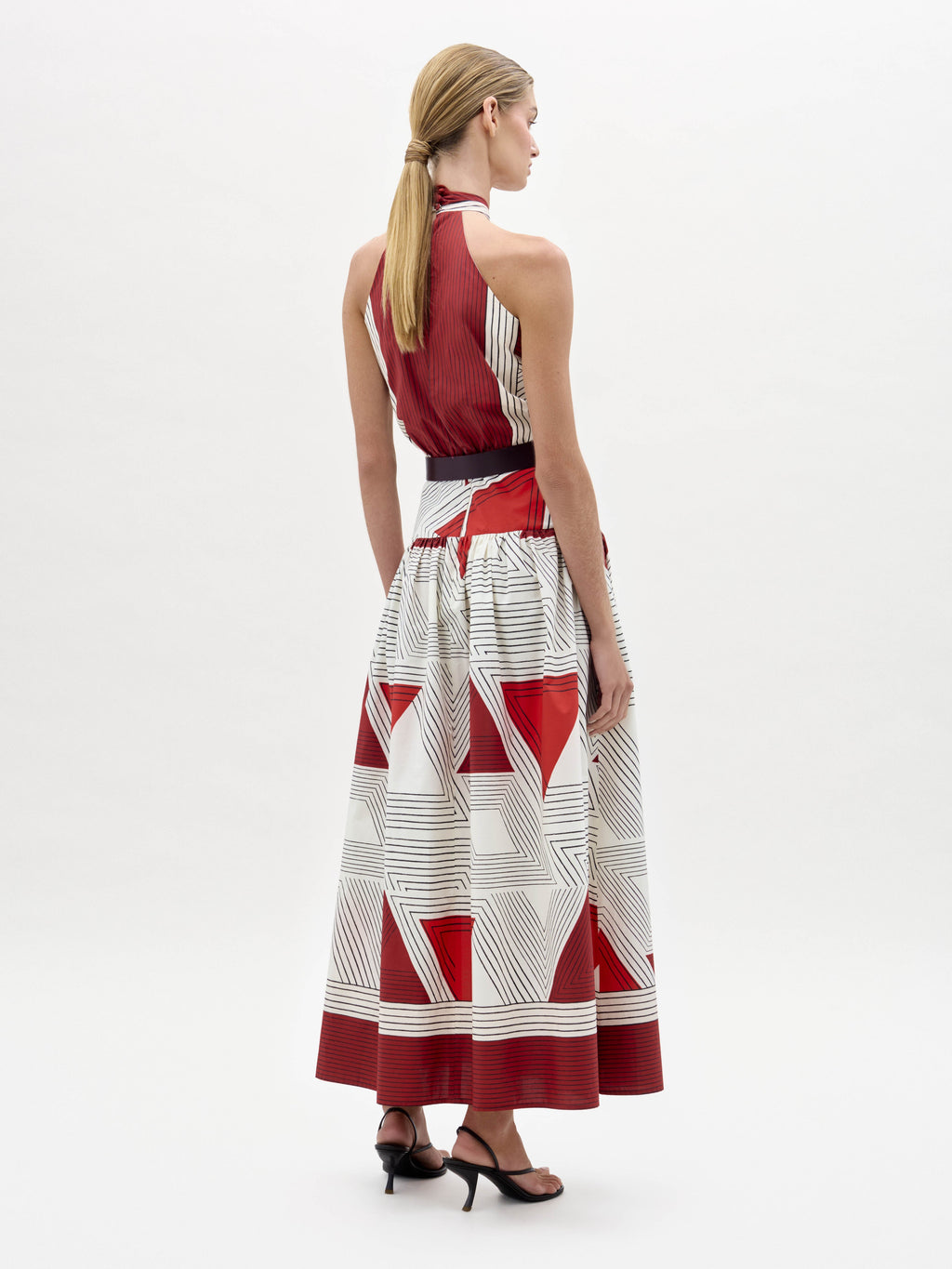 Red-White Geometric Halter Maxi Dress