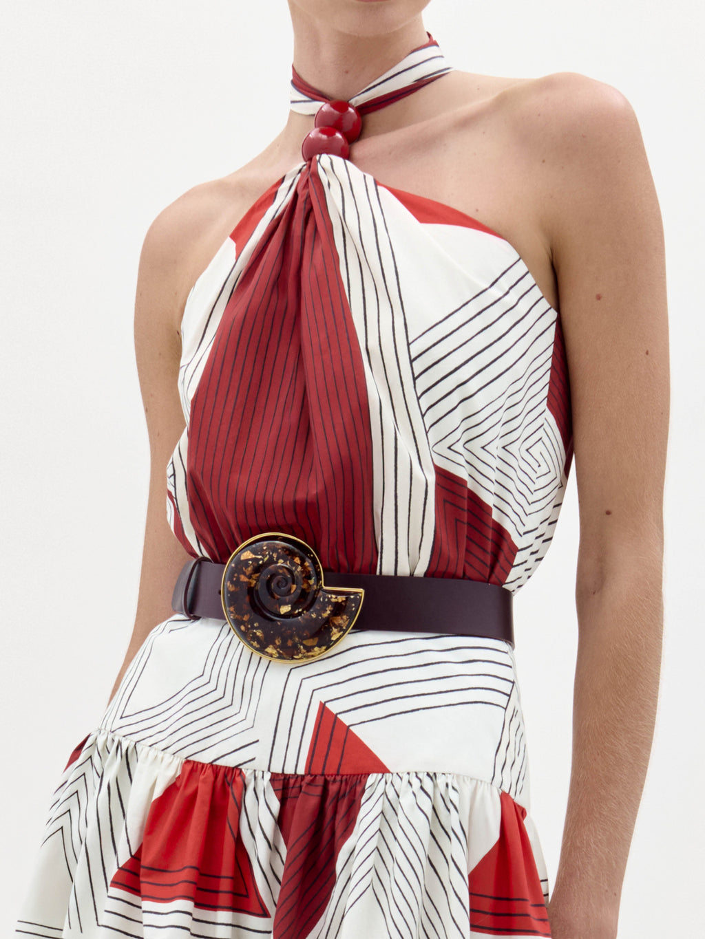 Red-White Geometric Halter Maxi Dress