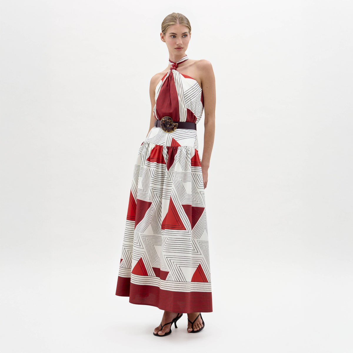 Red-White Geometric Halter Maxi Dress