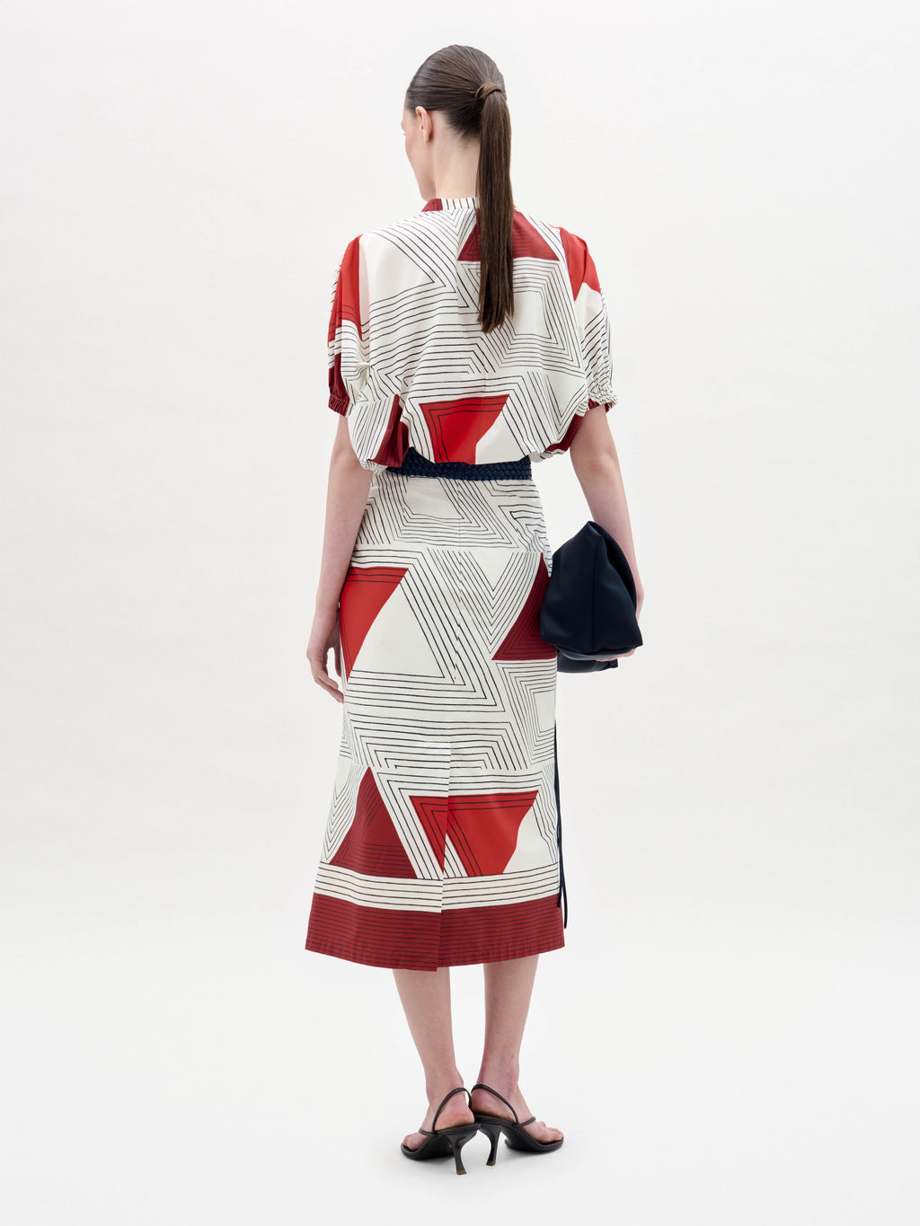 Red-White Geometric Fitted Waist Dress