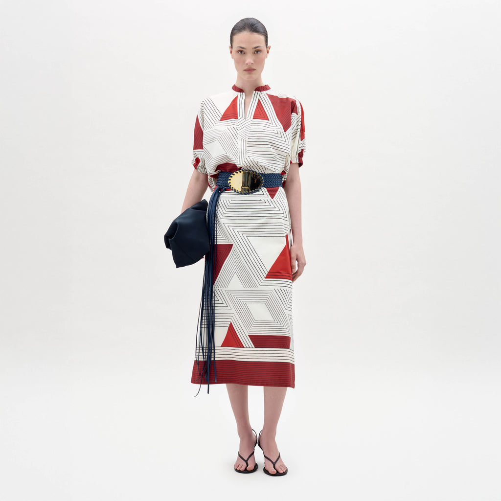 Red-White Geometric Fitted Waist Dress