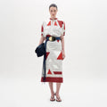 Red-White Geometric Fitted Waist Dress