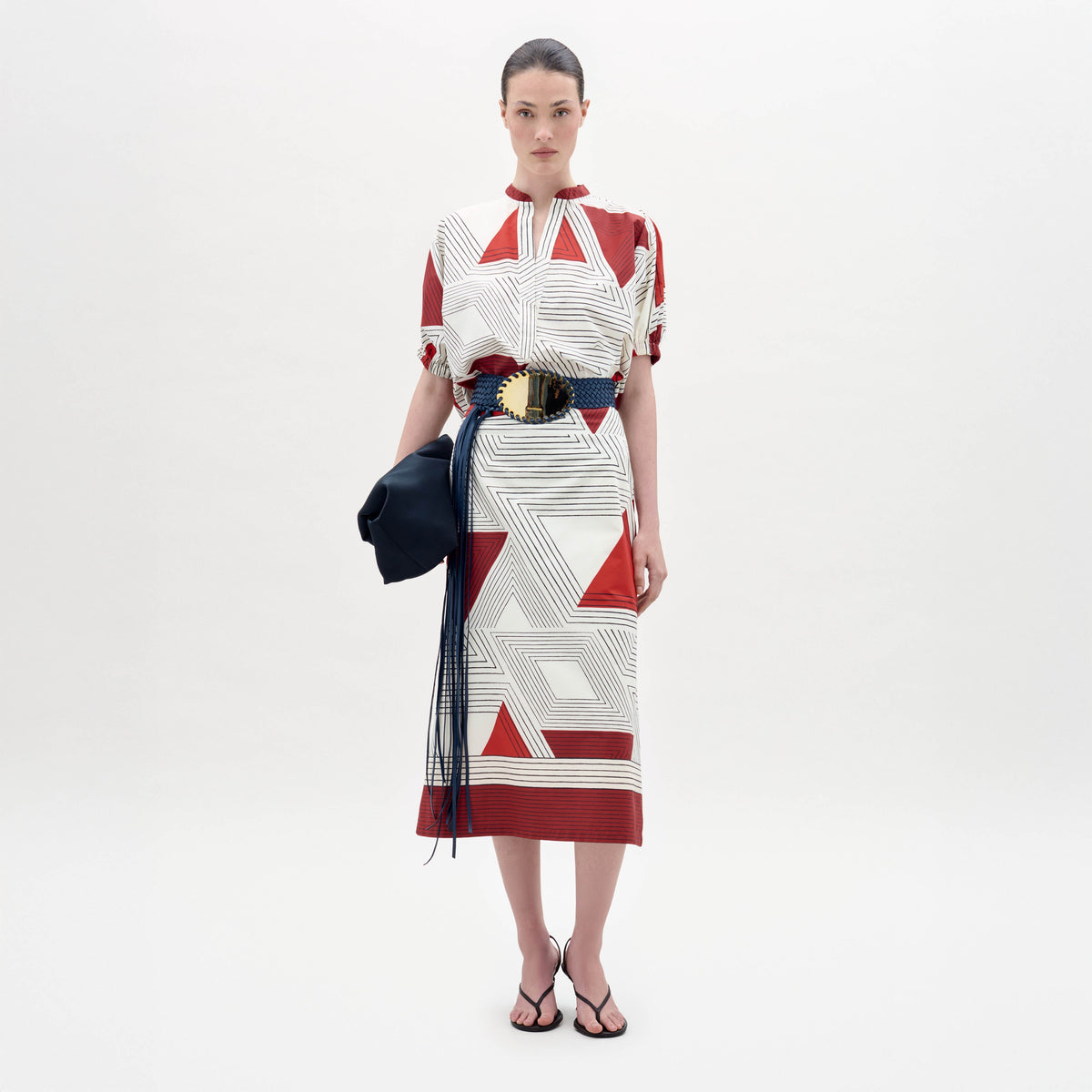 Red-White Geometric Fitted Waist Dress