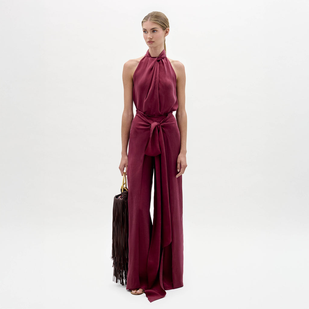 Burgundy Halter Wide-Leg Jumpsuit