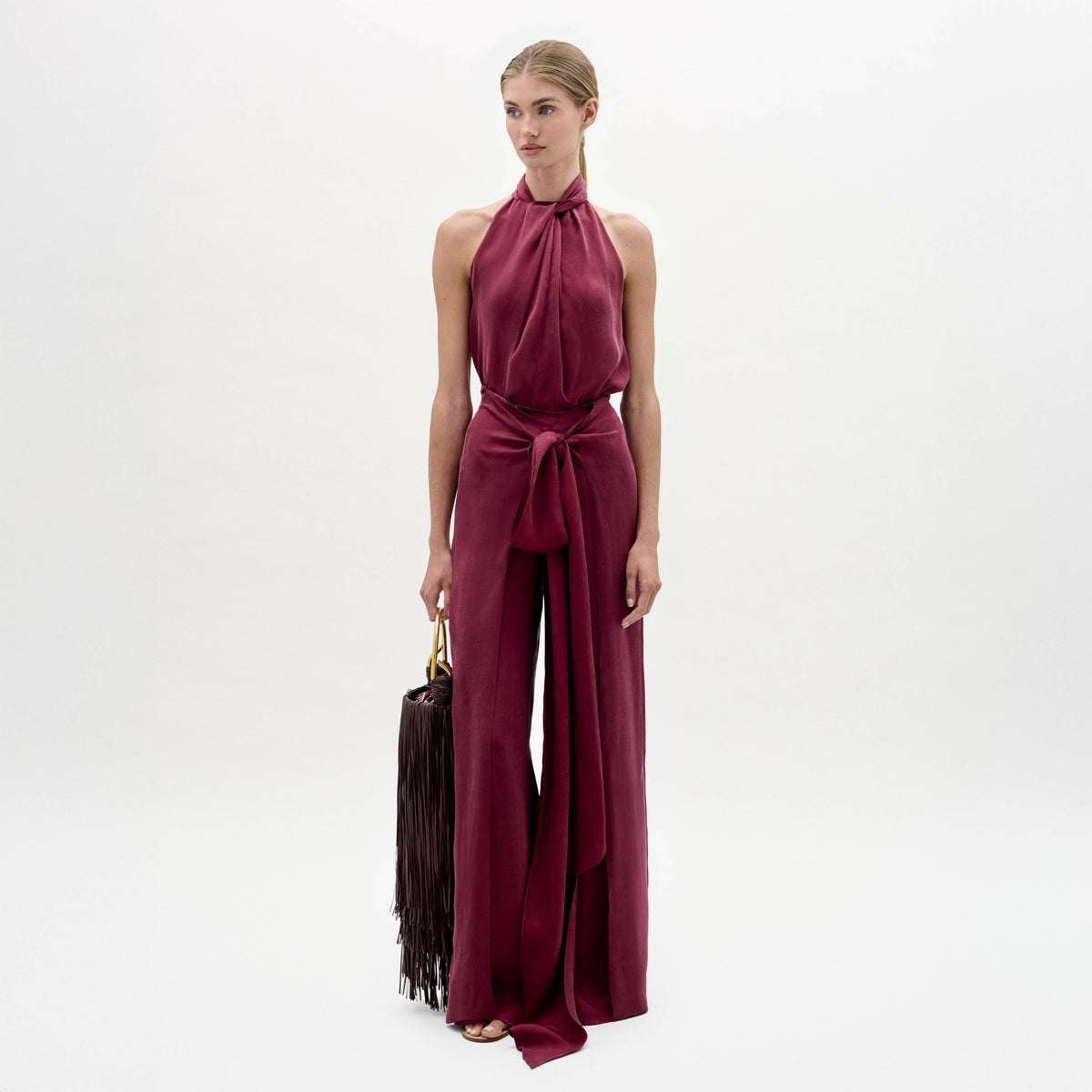 Burgundy Halter Wide-Leg Jumpsuit