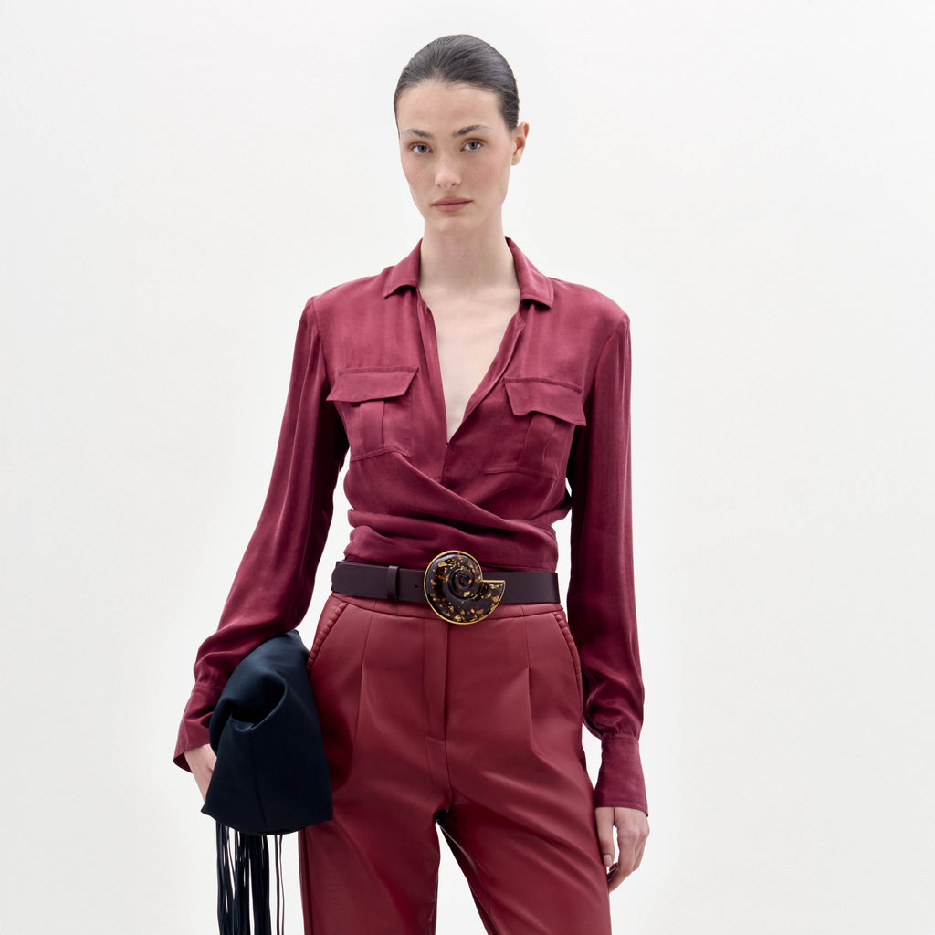 Burgundy Lapel Pocket Blouse
