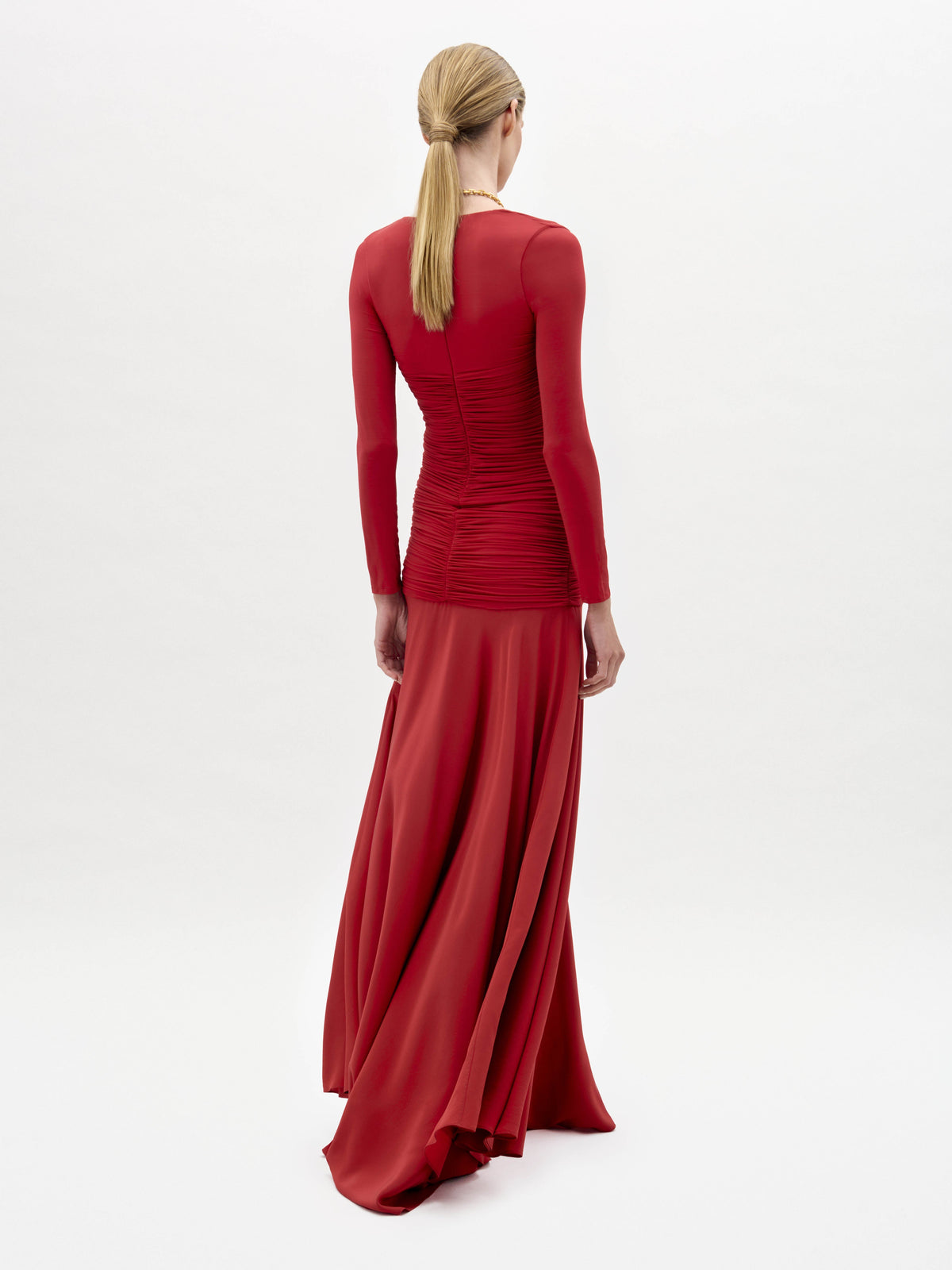 Burgundy Ruched Long-sleeve Long Dress