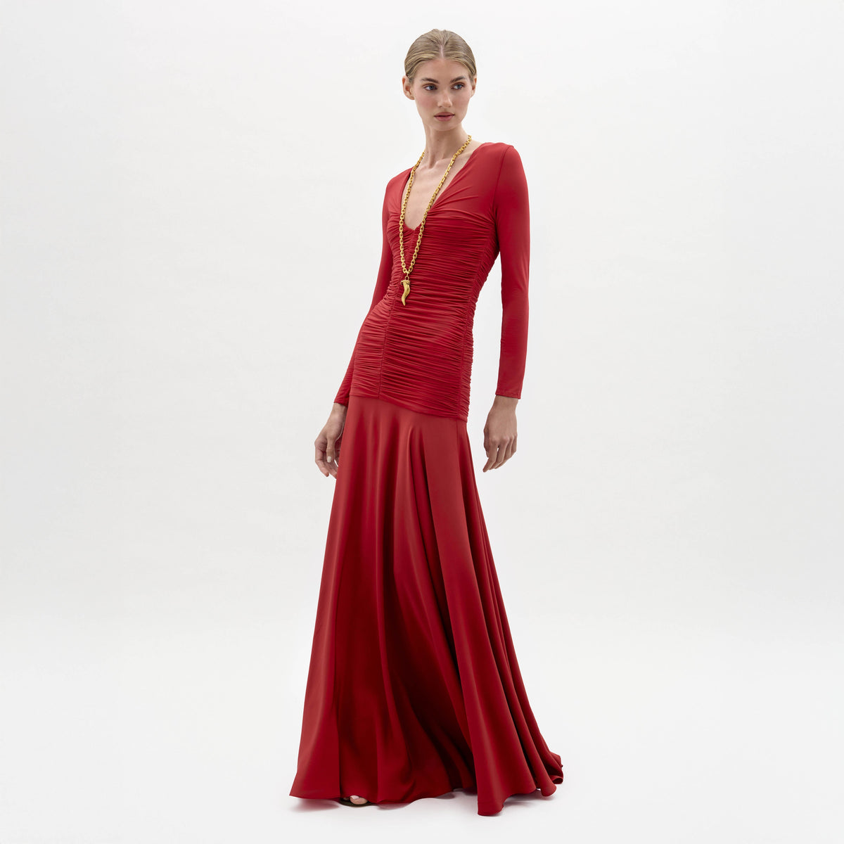 Burgundy Ruched Long-sleeve Long Dress
