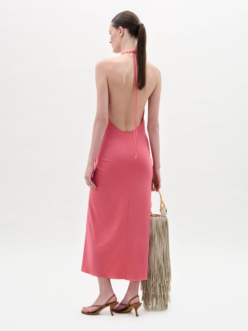 Pink Fitted Waist Halter Long Dress