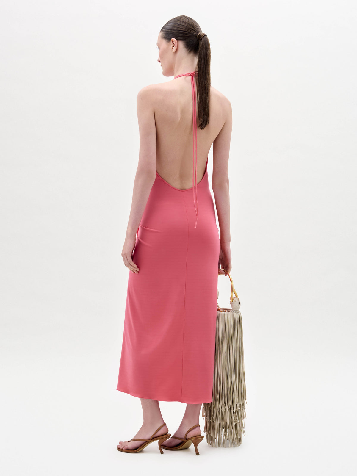 Pink Fitted Waist Halter Long Dress
