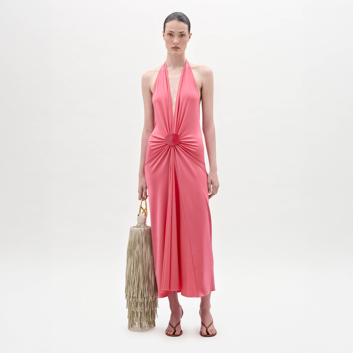Pink Fitted Waist Halter Long Dress