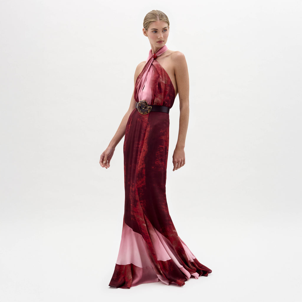 Red Pink Gradient Halter Gown