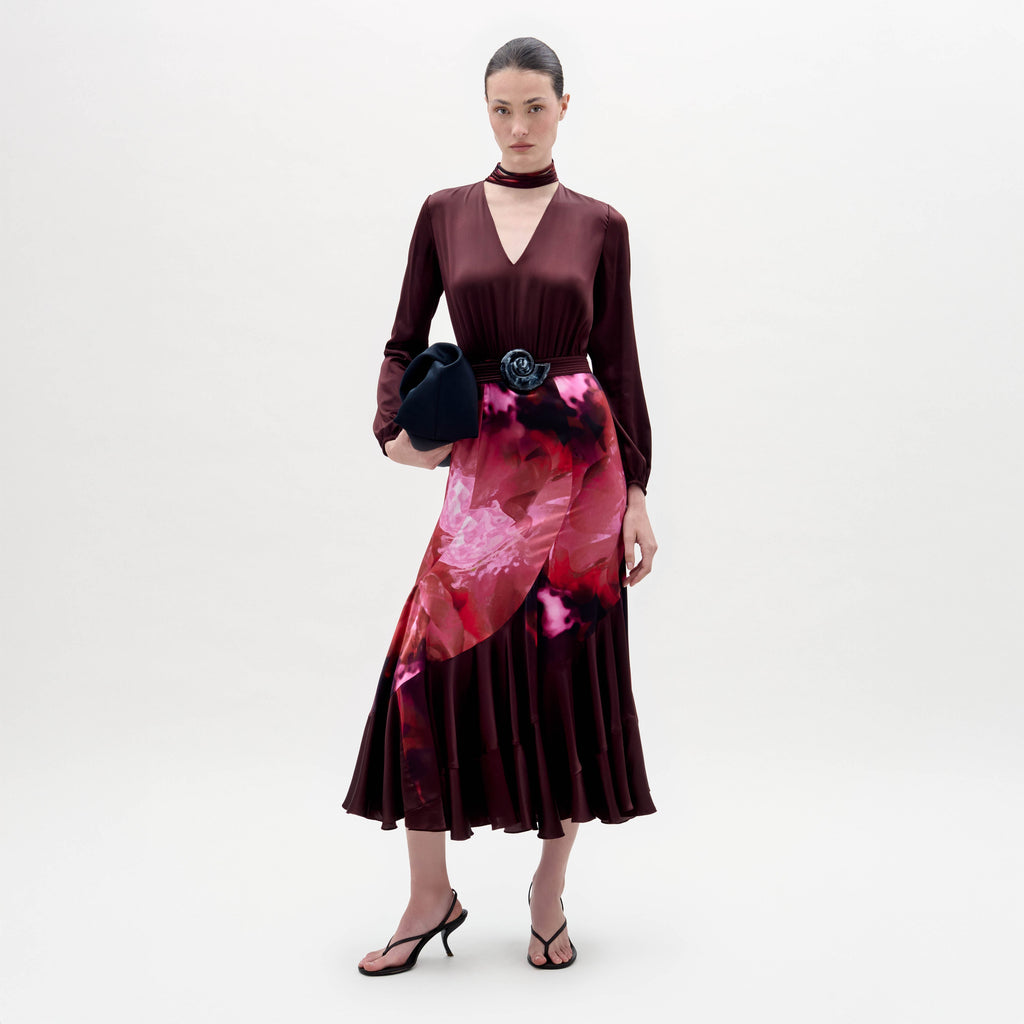 Burgundy Printed Velvet Midi Gown