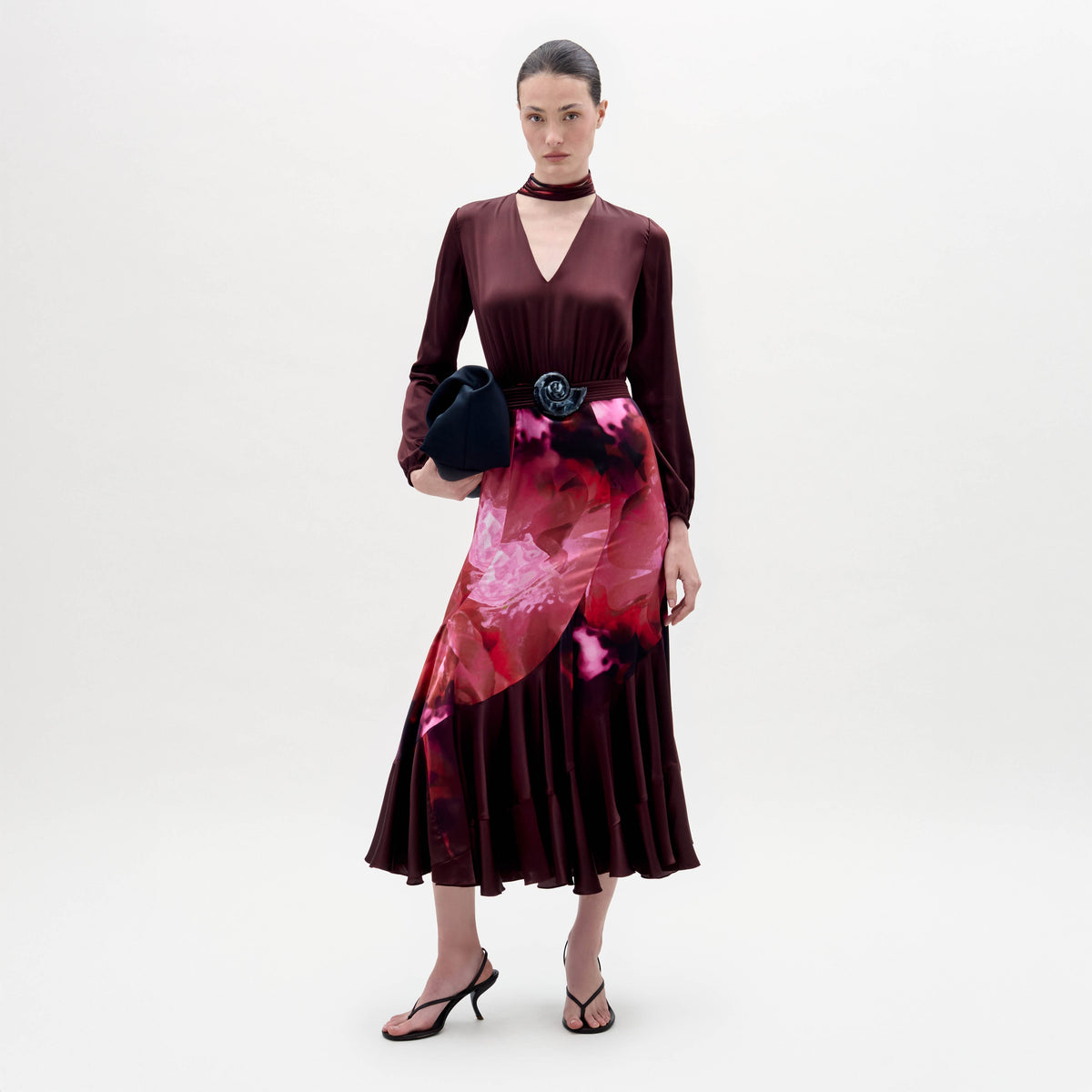 Burgundy Printed Velvet Midi Gown