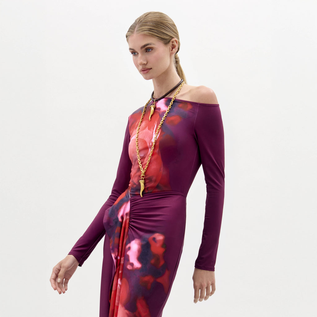 Purple Off - Shoulder Print Dress