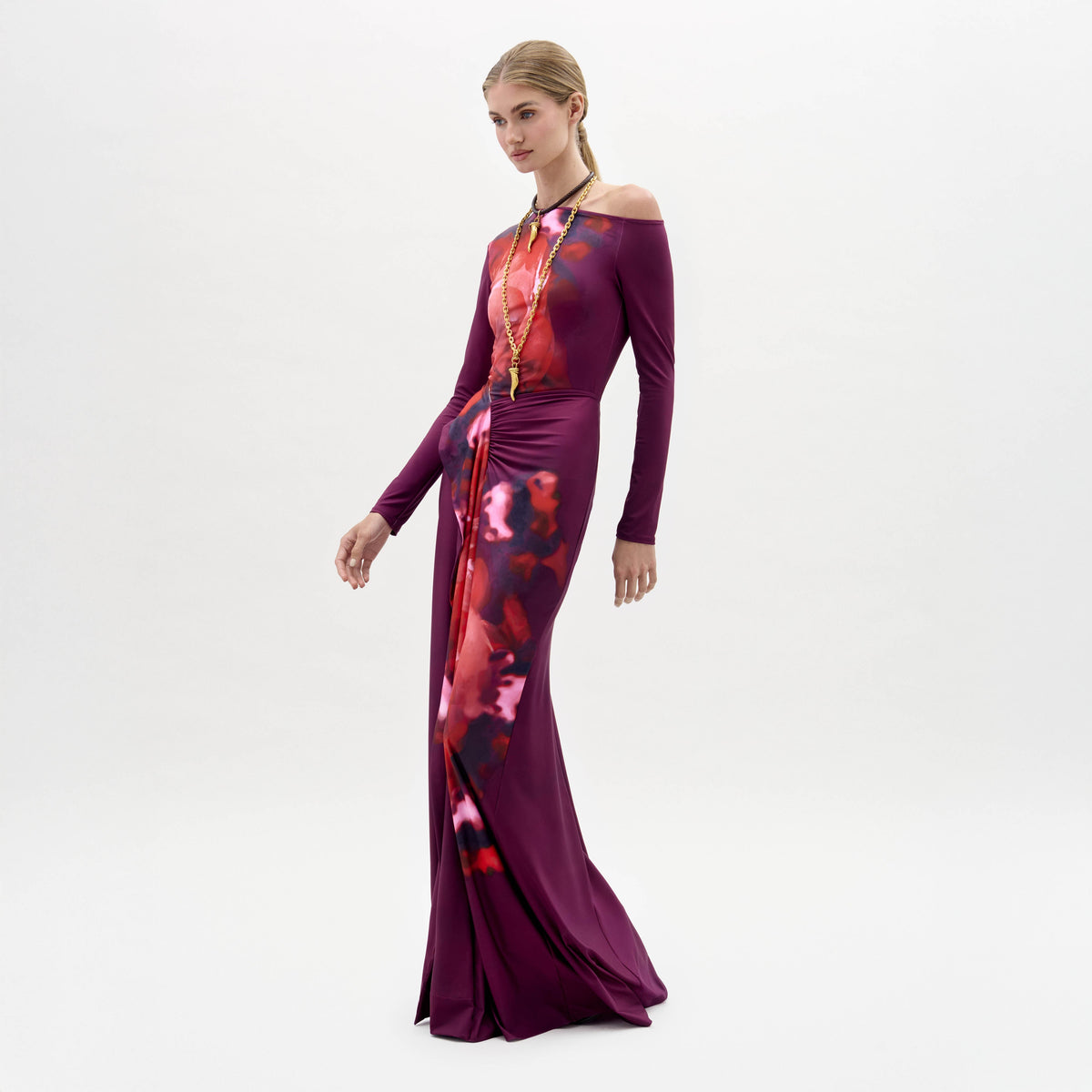 Purple Off-Shoulder Printed Long Gown