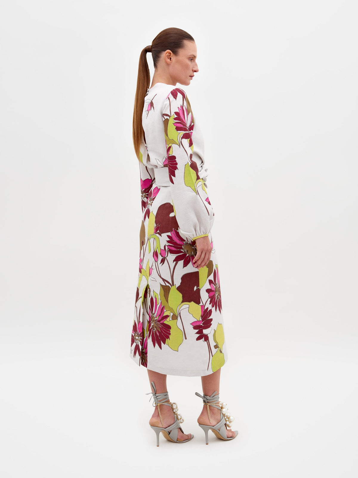 ‌Floral Print Long Sleeve Midi Dress