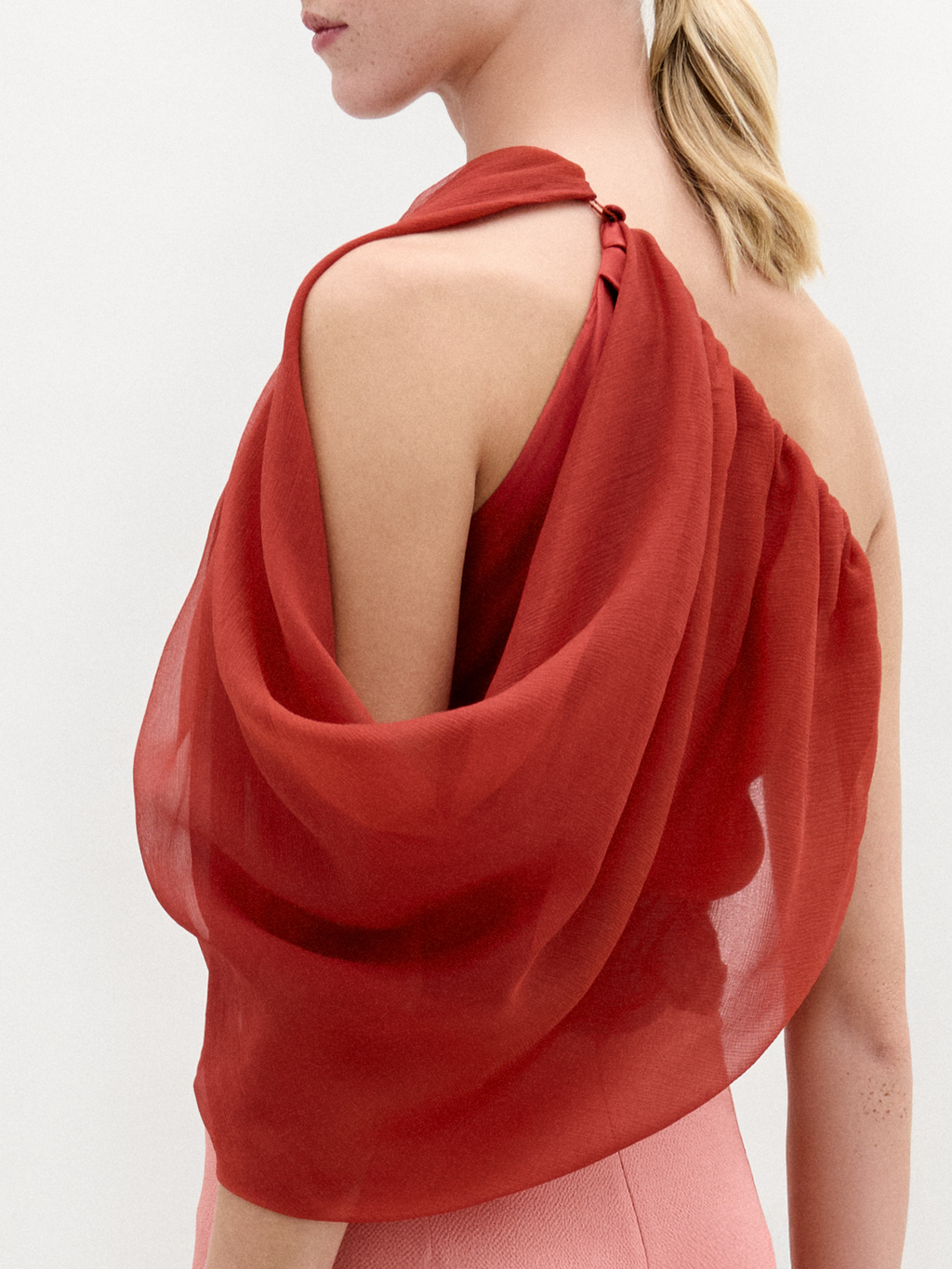 Red One-shoulder Ruched Blouse
