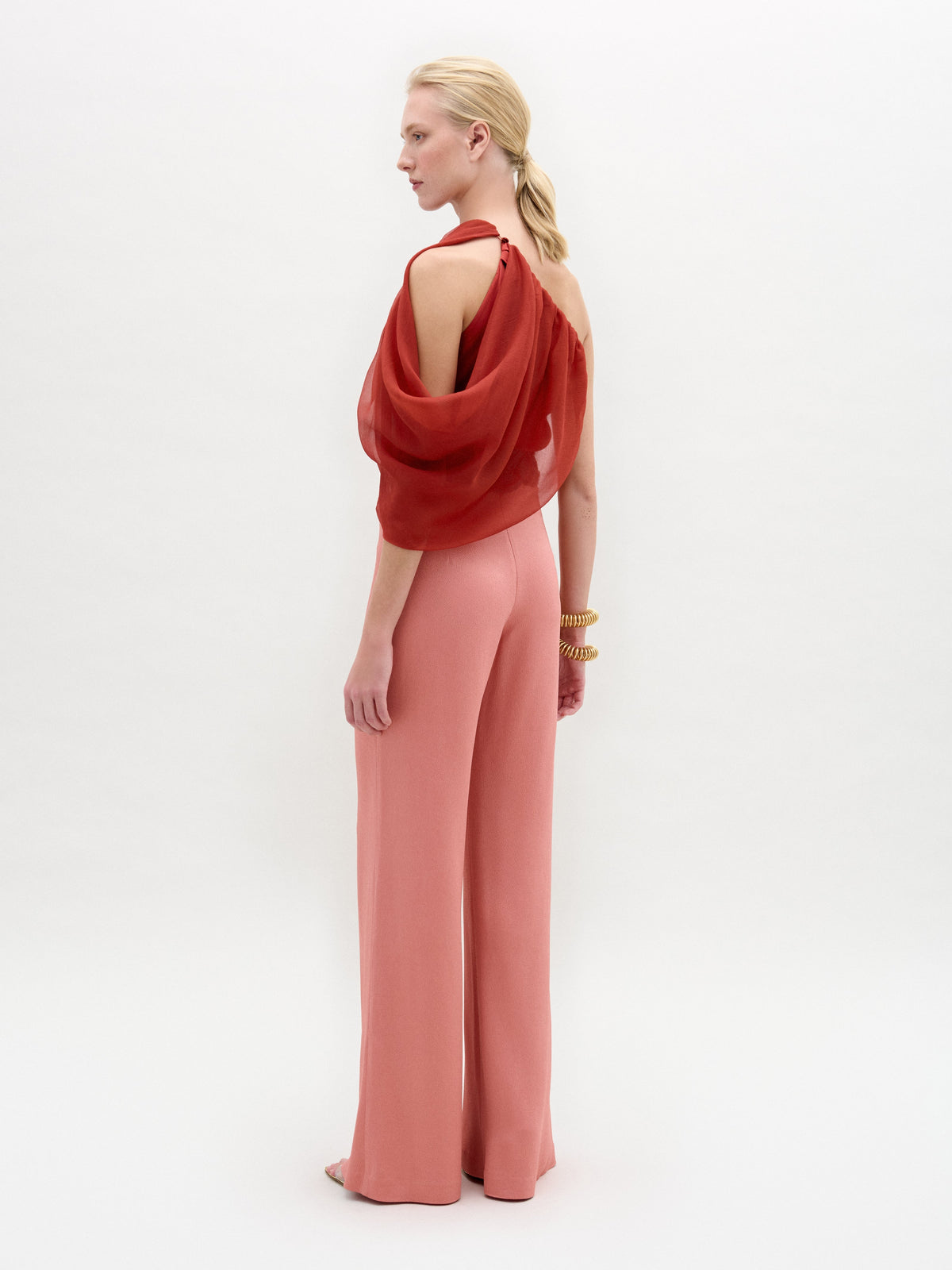 Pink High-Waisted Drapey Flared Trousers