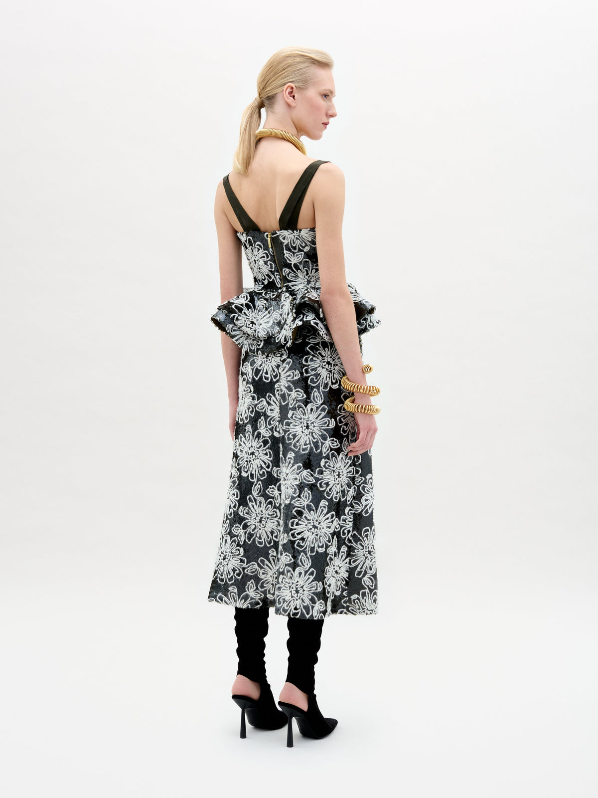 Black White Floral Ruffled Strapless Dress