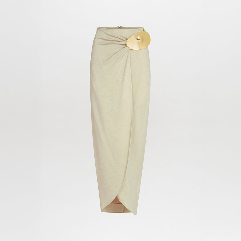Beige Satin Fitted Waist Long Dress