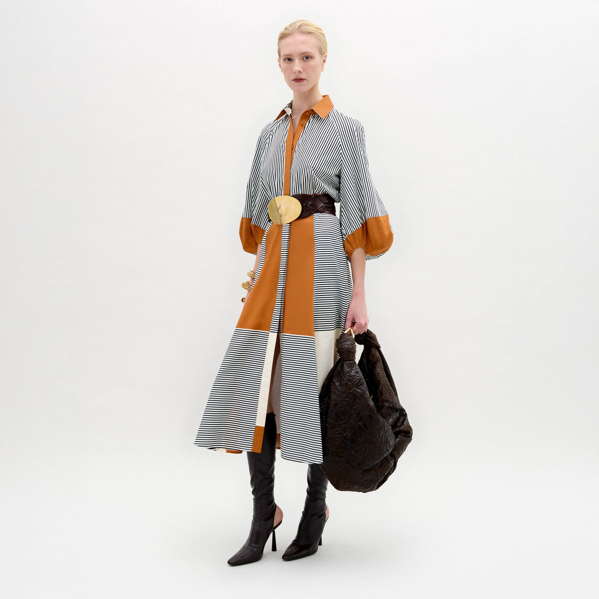 ‌Striped Color-block Shirt Dress