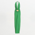 Green Metal Buckle Halter Long Dress