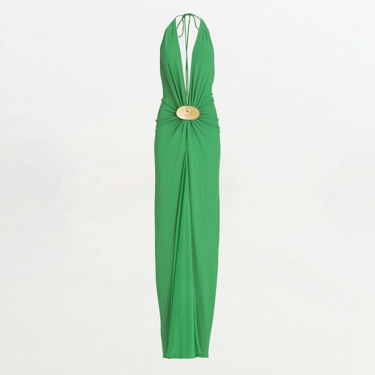 Green Metal Buckle Halter Long Dress