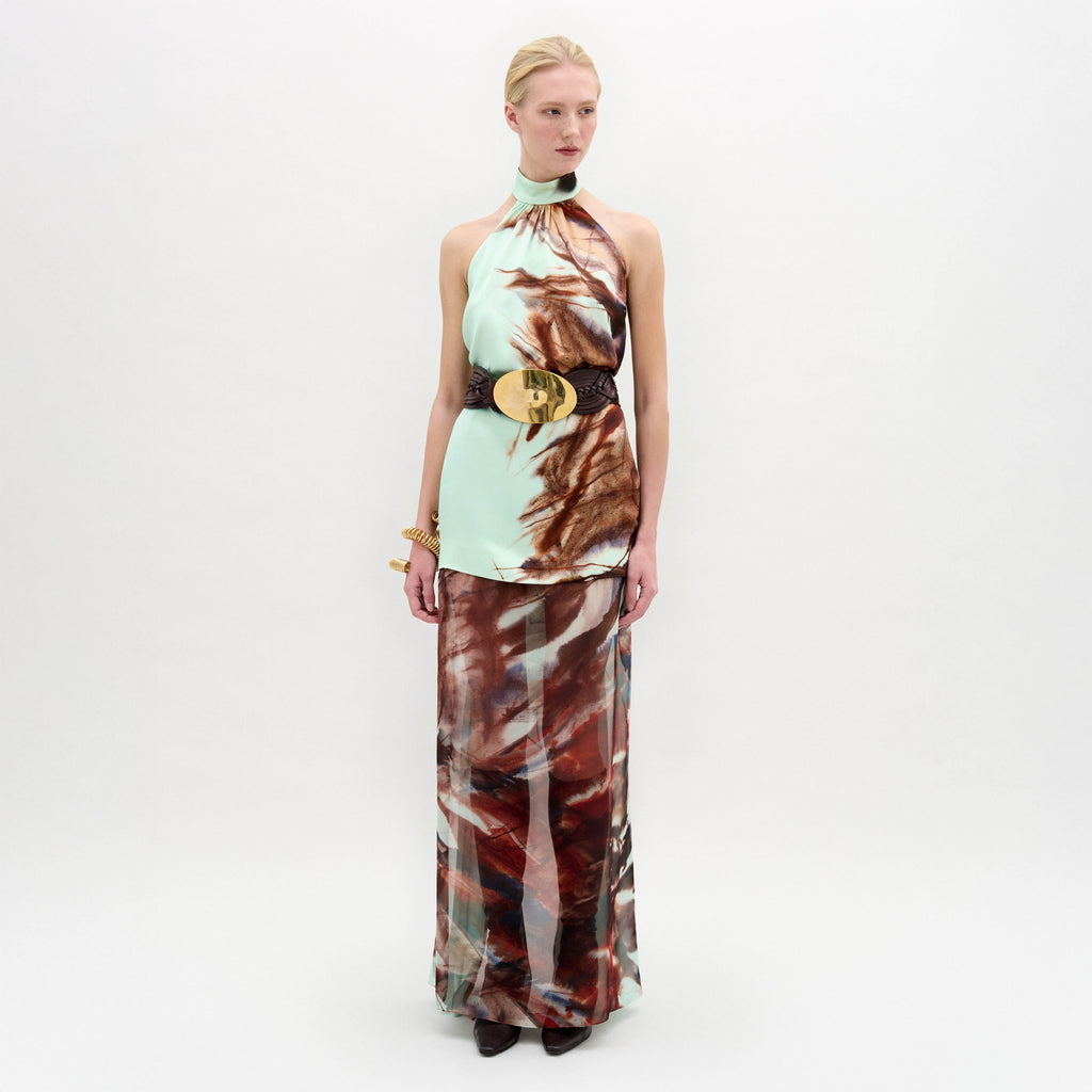 Drawstring Printed Drapey Maxi Dress