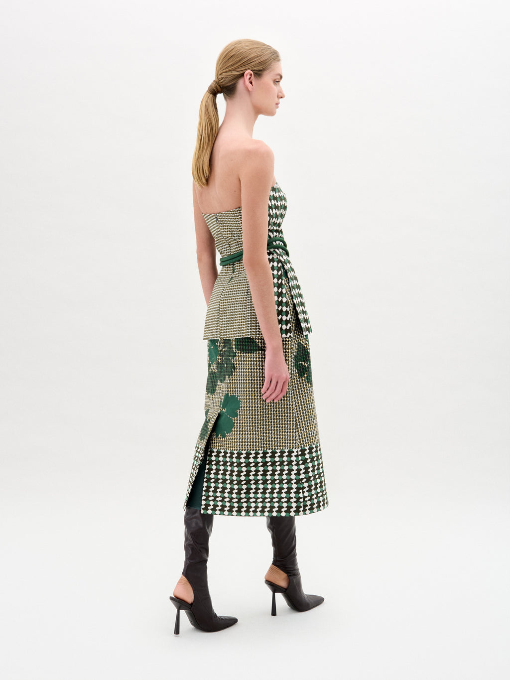 Green Pattern Tie-Back Strapless Dress