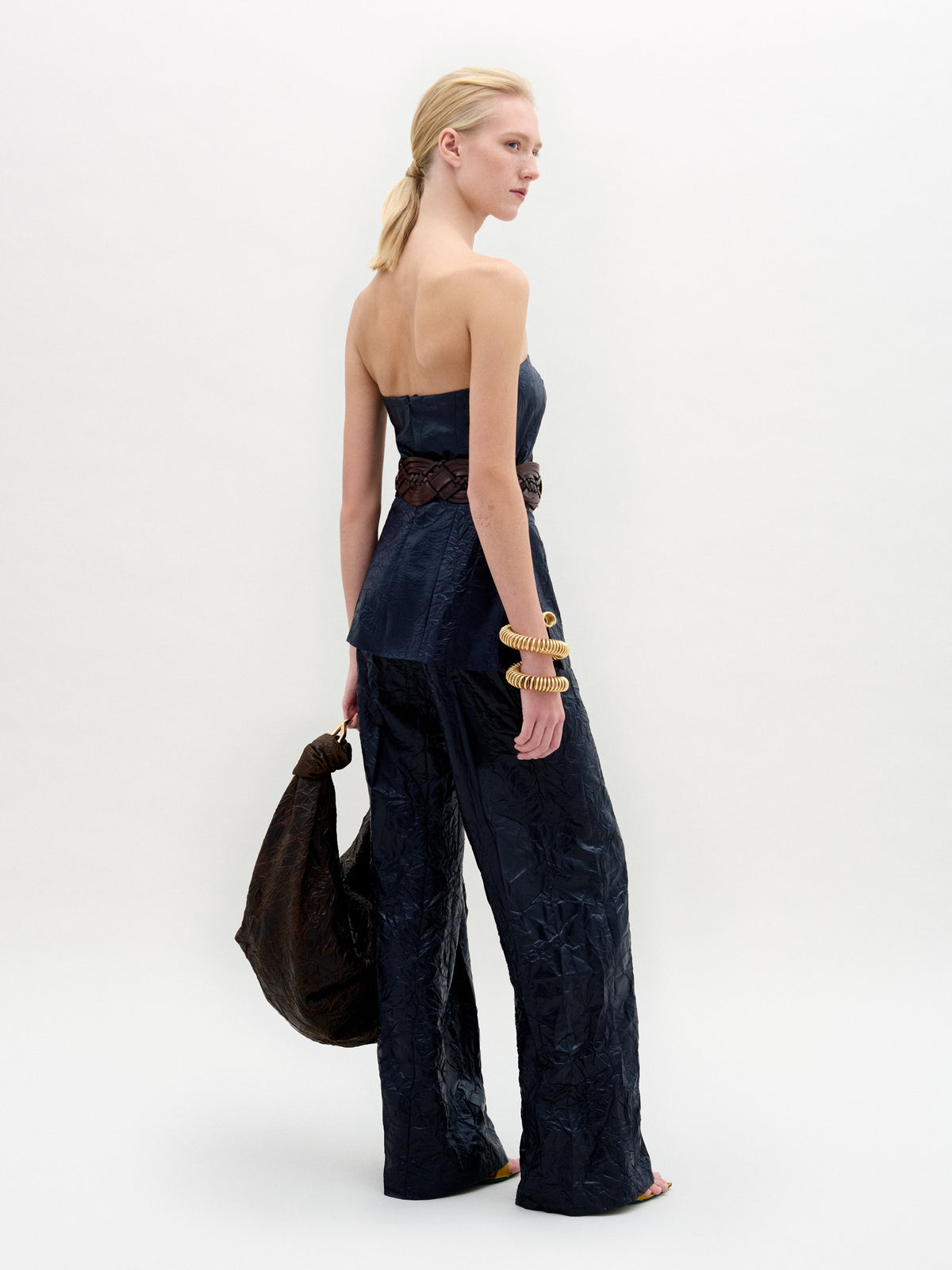 Navy Blue Strapless Wide-Leg Set