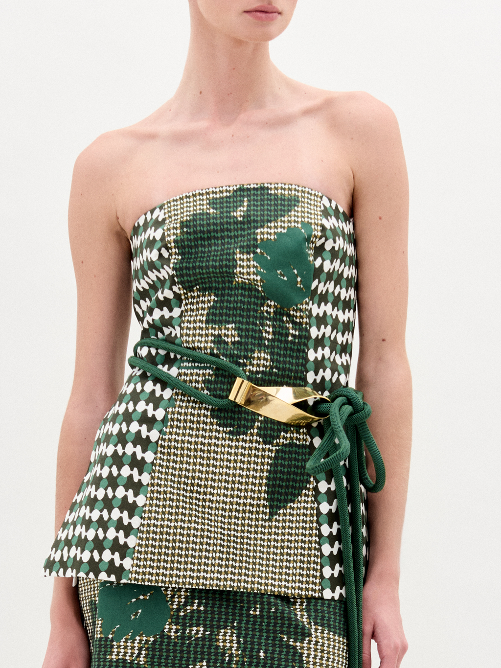 Green Patterned Strapless Top