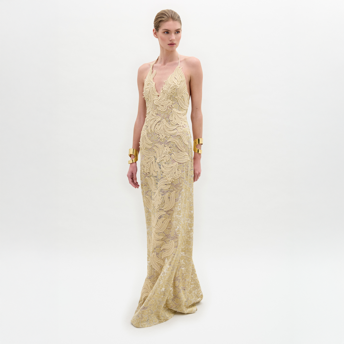 Champagne 3D Embroidered Maxi Dress
