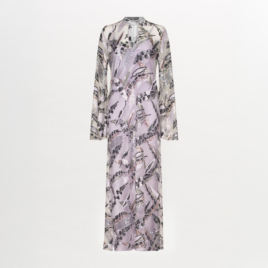 Lavender Patterned Sequin Drapey Maxi Dress