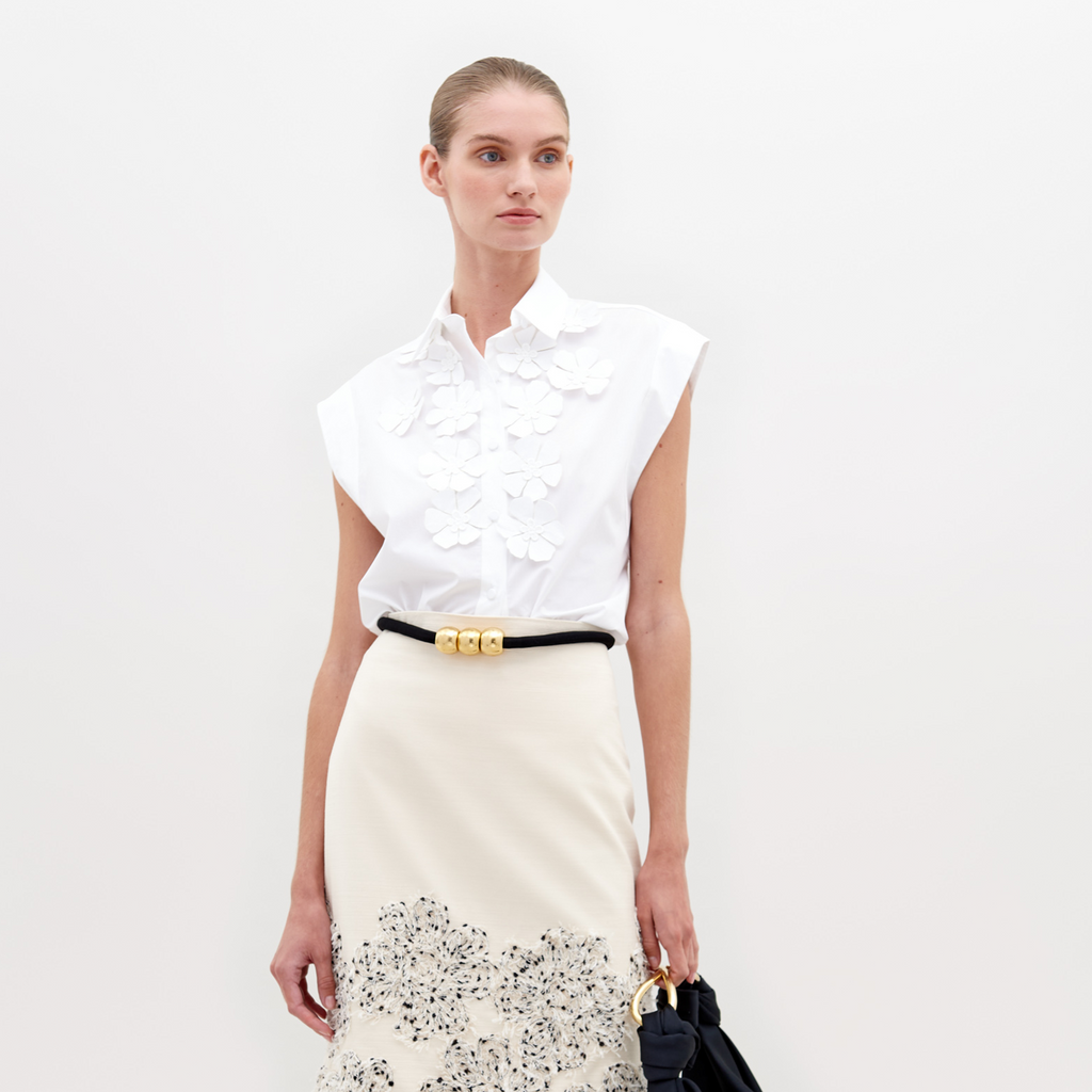 Turn-down Collar 3D Flower White Shirt