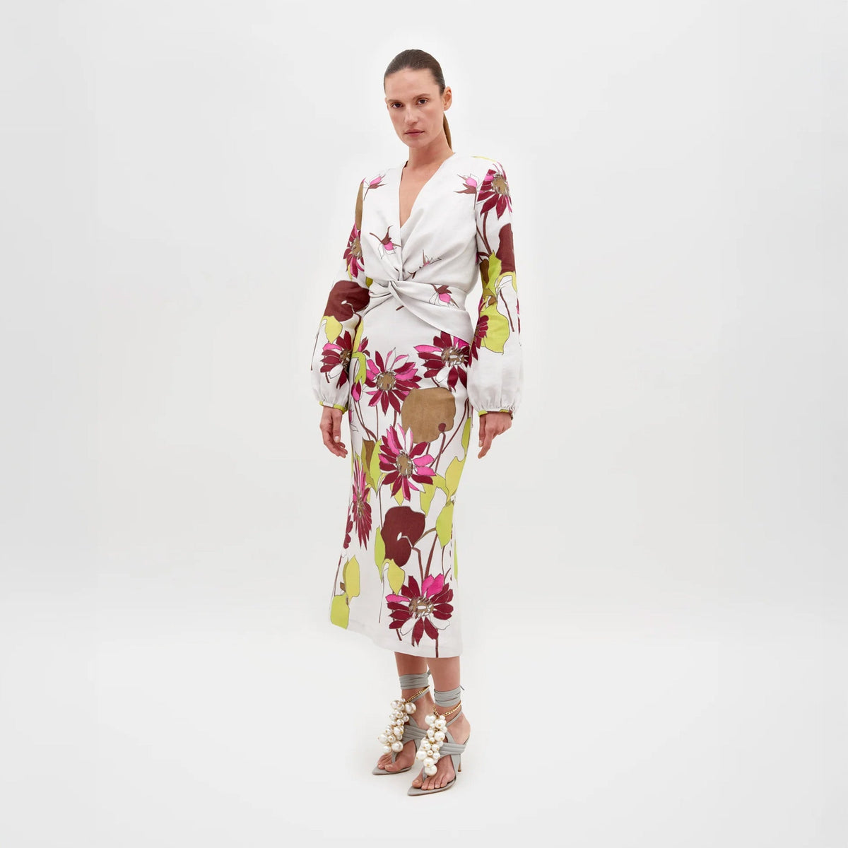 ‌Floral Print Long Sleeve Midi Dress