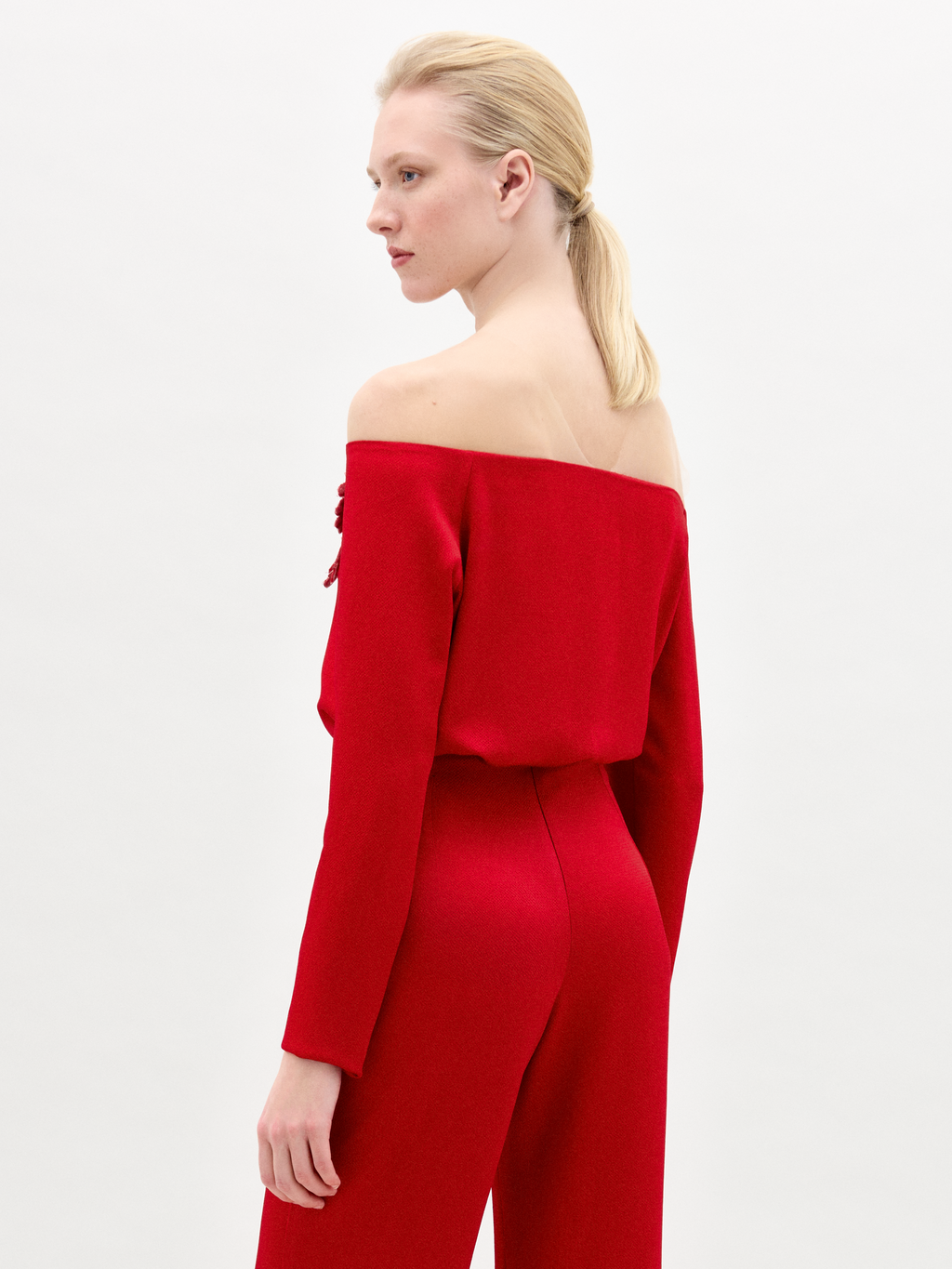 Red Off-Shoulder Embroidered Knit Dress