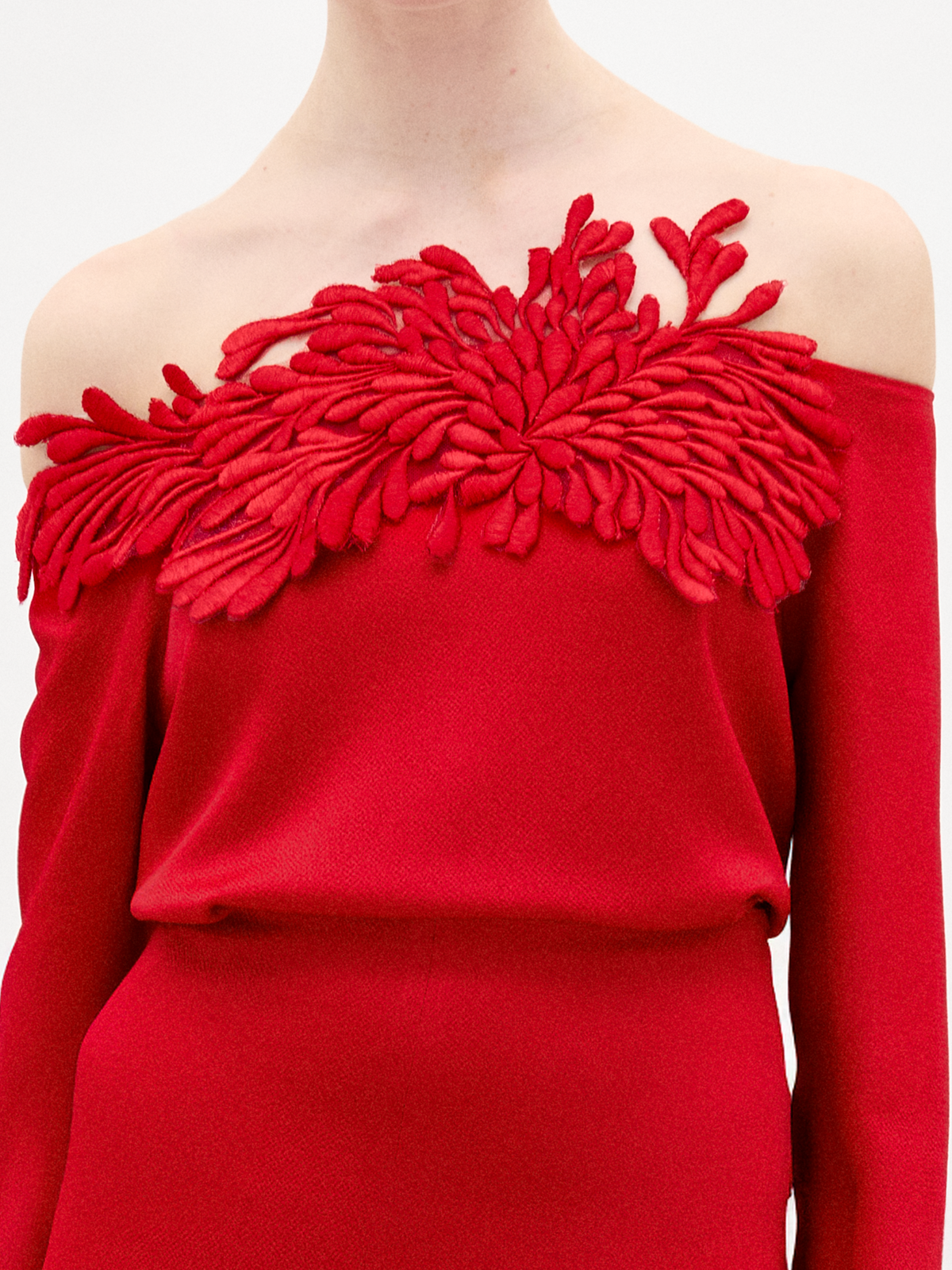 Red Off-Shoulder Embroidered Knit Dress