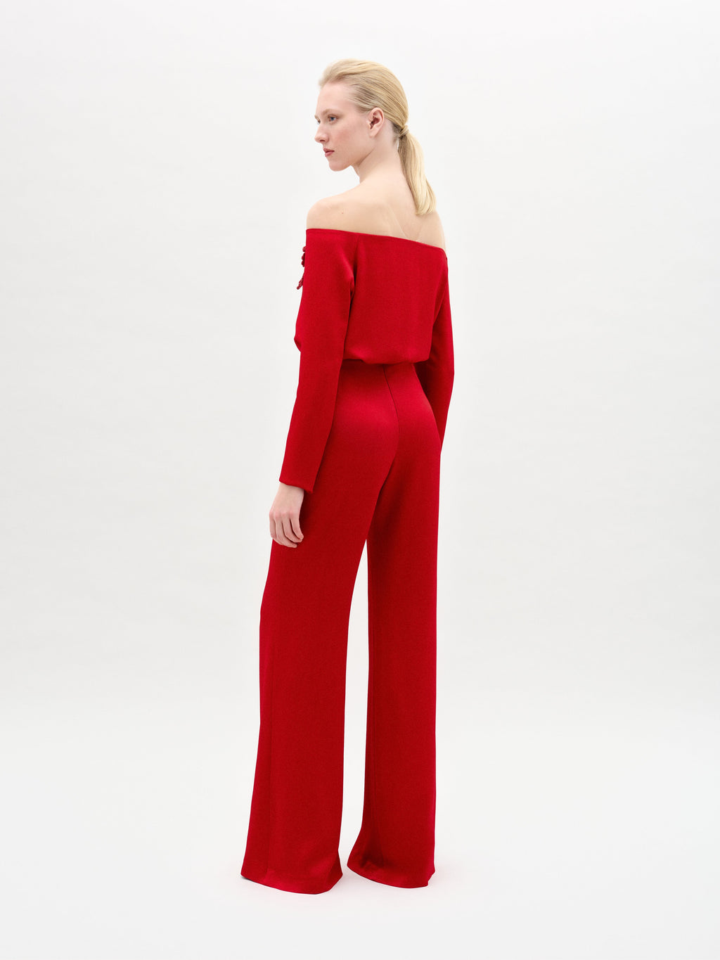Red Off-Shoulder Drapey Wide-Leg Pants