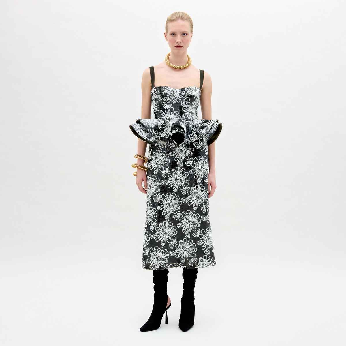 Black White Floral Ruffled Strapless Dress