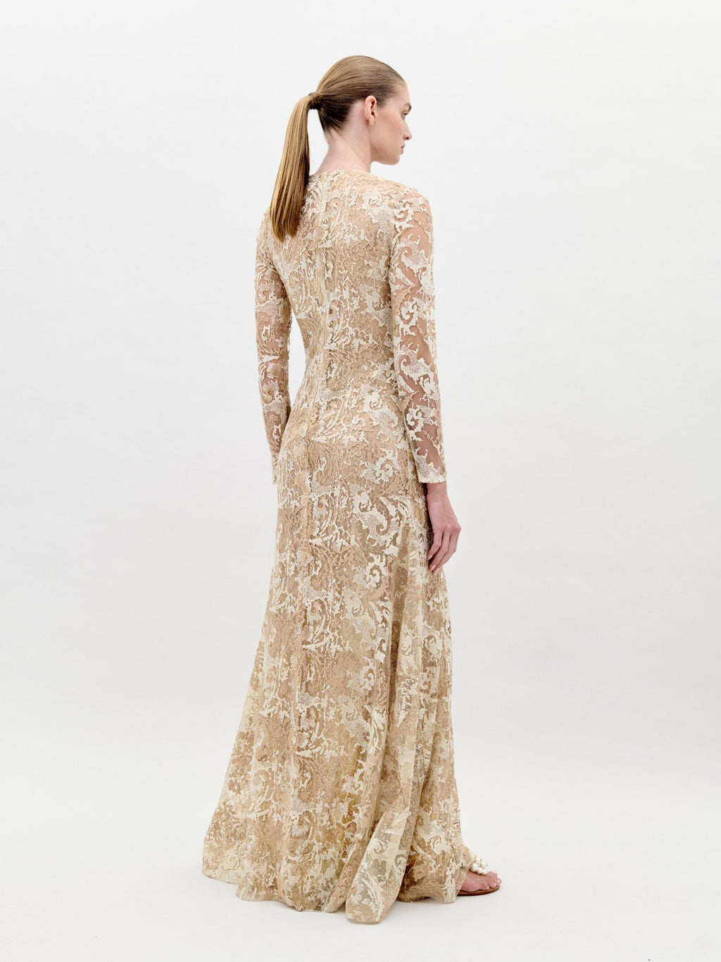 Long-sleeved Gold Embroidered Lace Dress