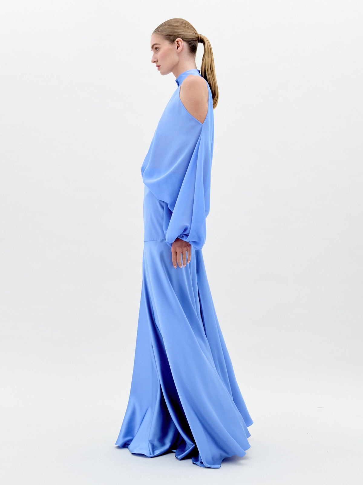 Blue Off-shoulder Long-sleeve Long Dress