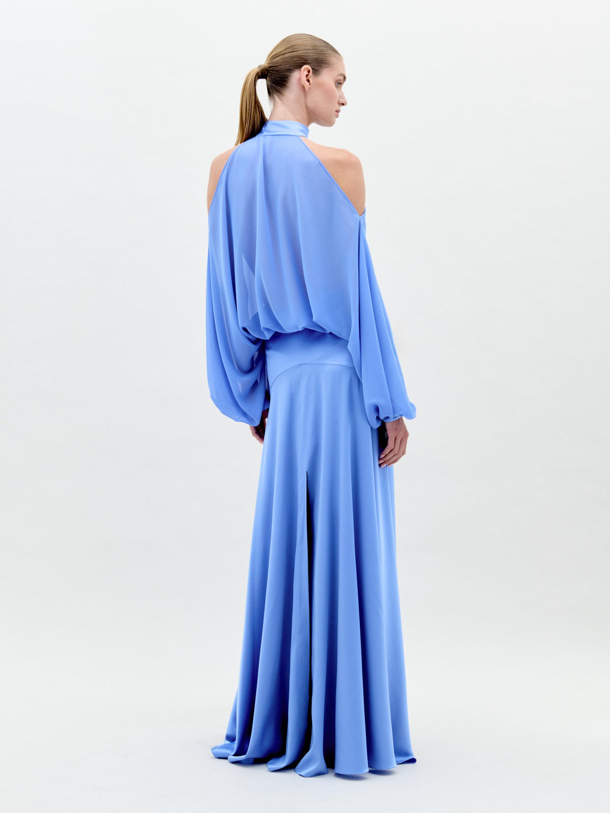 Blue Off-shoulder Long-sleeve Long Dress